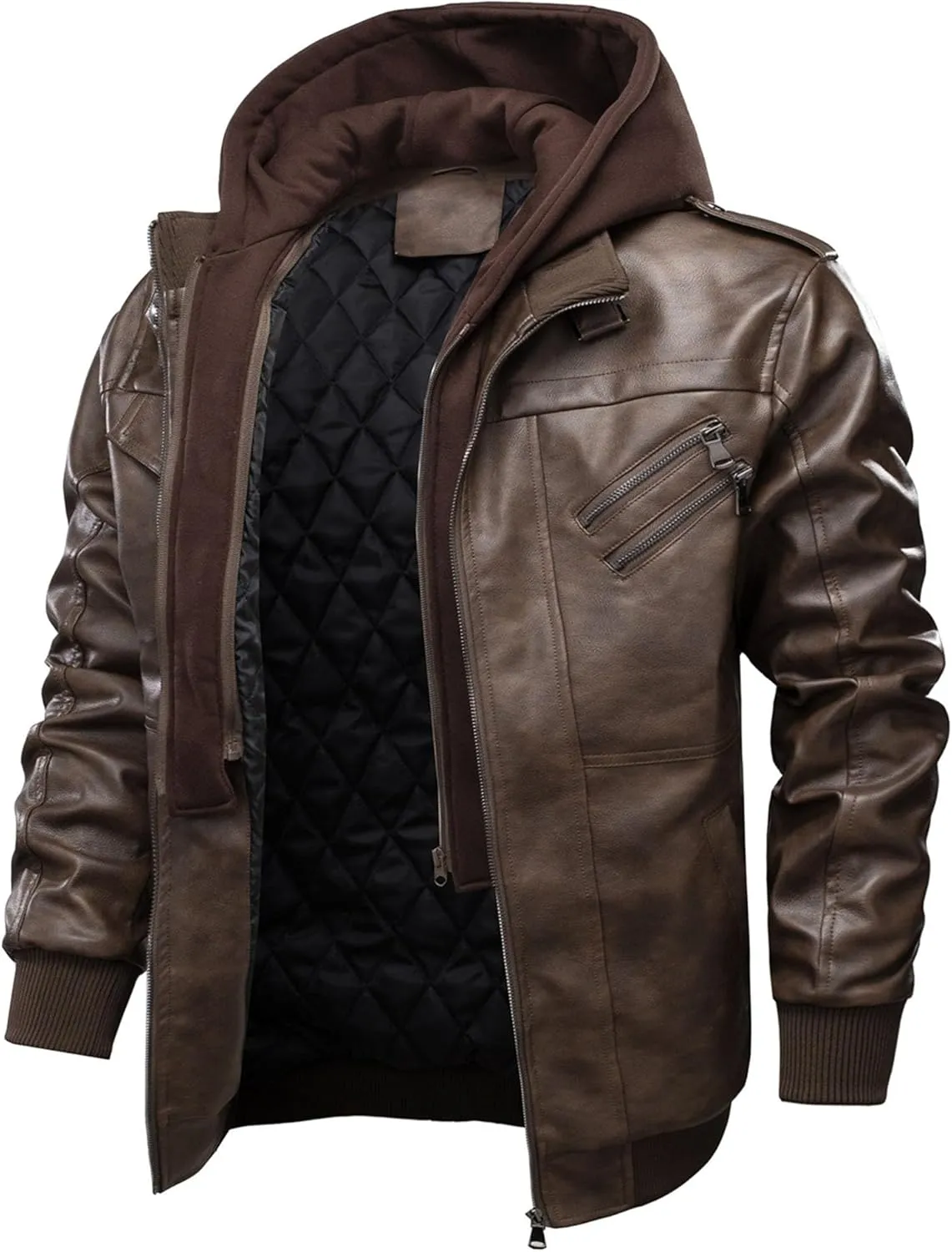 Men's Faux Leather Jacket Warm Windproof Leather Jackets Fall Winter Motorcycle Biker Coat with Removable Hood