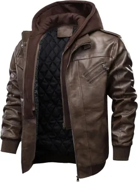 Men's Faux Leather Jacket Warm Windproof Leather Jackets Fall Winter Motorcycle Biker Coat with Removable Hood