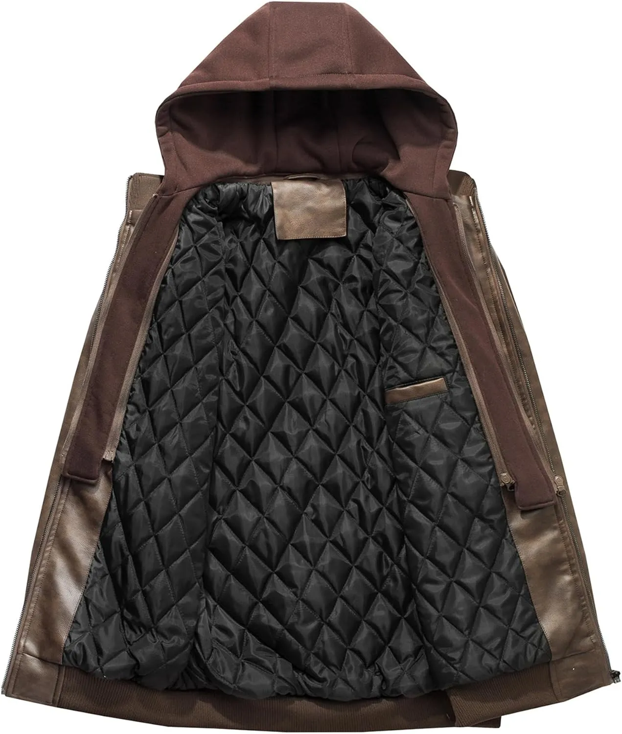 Men's Faux Leather Jacket Warm Windproof Leather Jackets Fall Winter Motorcycle Biker Coat with Removable Hood