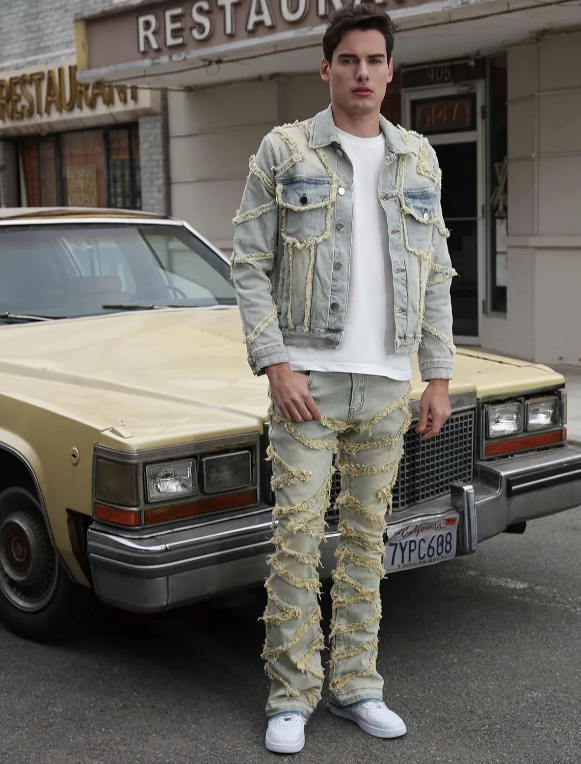 Men's Ripped Bootcut Jeans Slim Fit Bell Bottom Jeans for Men 70s Ripped Flared Denim Pants Stacked