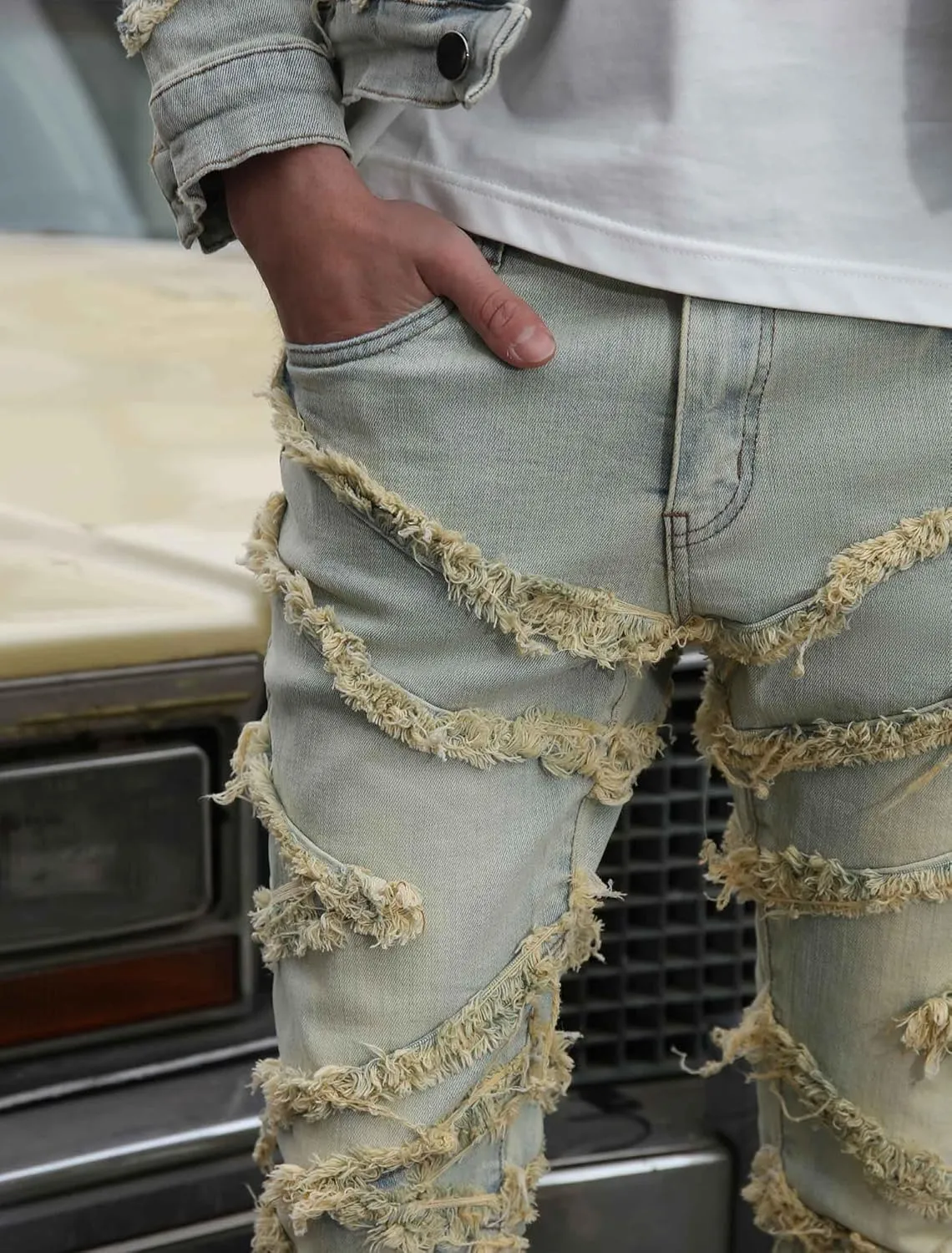 Men's Ripped Bootcut Jeans Slim Fit Bell Bottom Jeans for Men 70s Ripped Flared Denim Pants Stacked