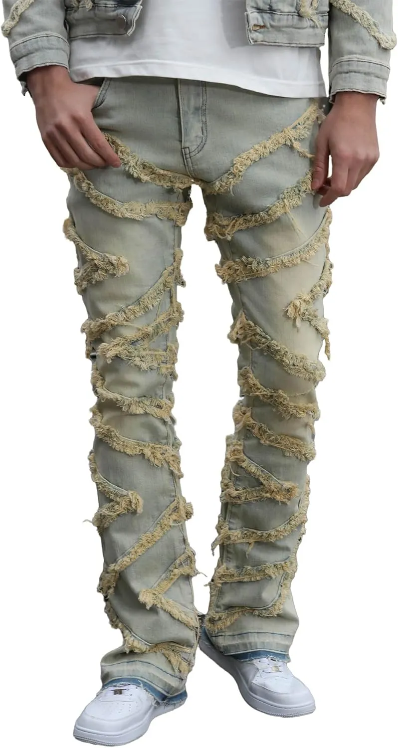 Men's Ripped Bootcut Jeans Slim Fit Bell Bottom Jeans for Men 70s Ripped Flared Denim Pants Stacked