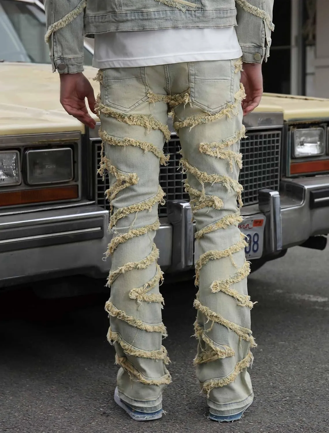 Men's Ripped Bootcut Jeans Slim Fit Bell Bottom Jeans for Men 70s Ripped Flared Denim Pants Stacked