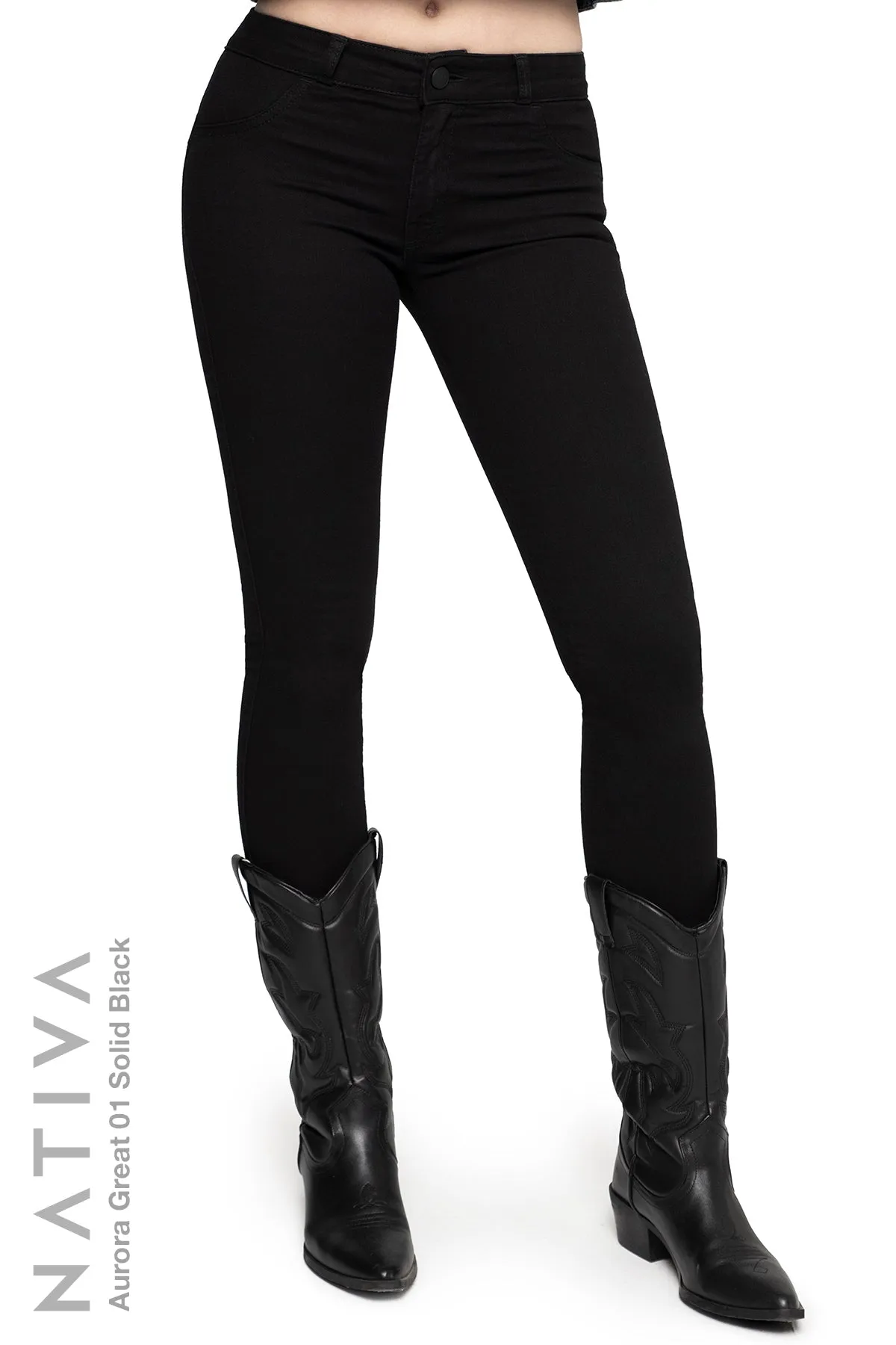 NATIVA, STRETCH JEANS. AURORA GREAT 01 BLACK, High Shaping Capacity, All-Season Wear, Mid-Waisted Super Skinny Jeans