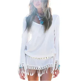 O Neck Lace Tassel Chiffon Mini Dress