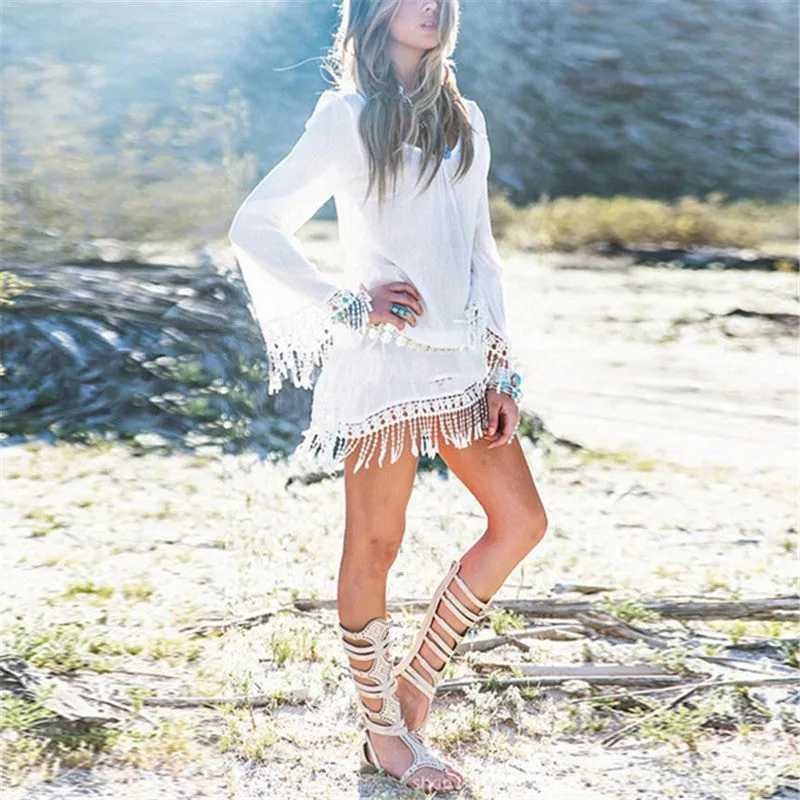 O Neck Lace Tassel Chiffon Mini Dress