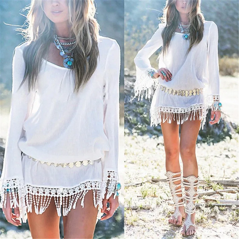O Neck Lace Tassel Chiffon Mini Dress