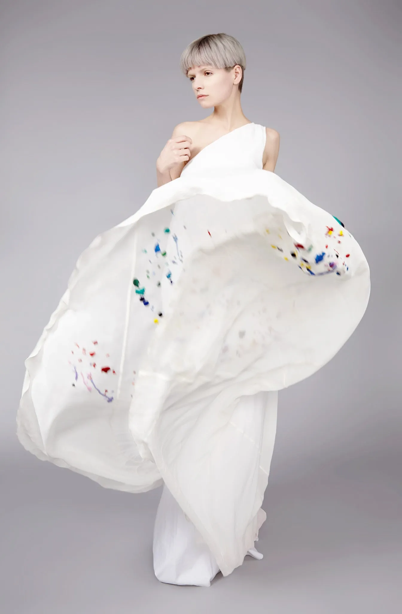 Paint Splash Embroidered "Helter" One Shoulder Dress