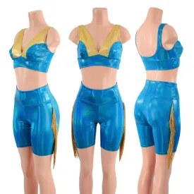 Peacock High Waist Bike Shorts with Gold Fringe and Starlette Bralette 2PC Set