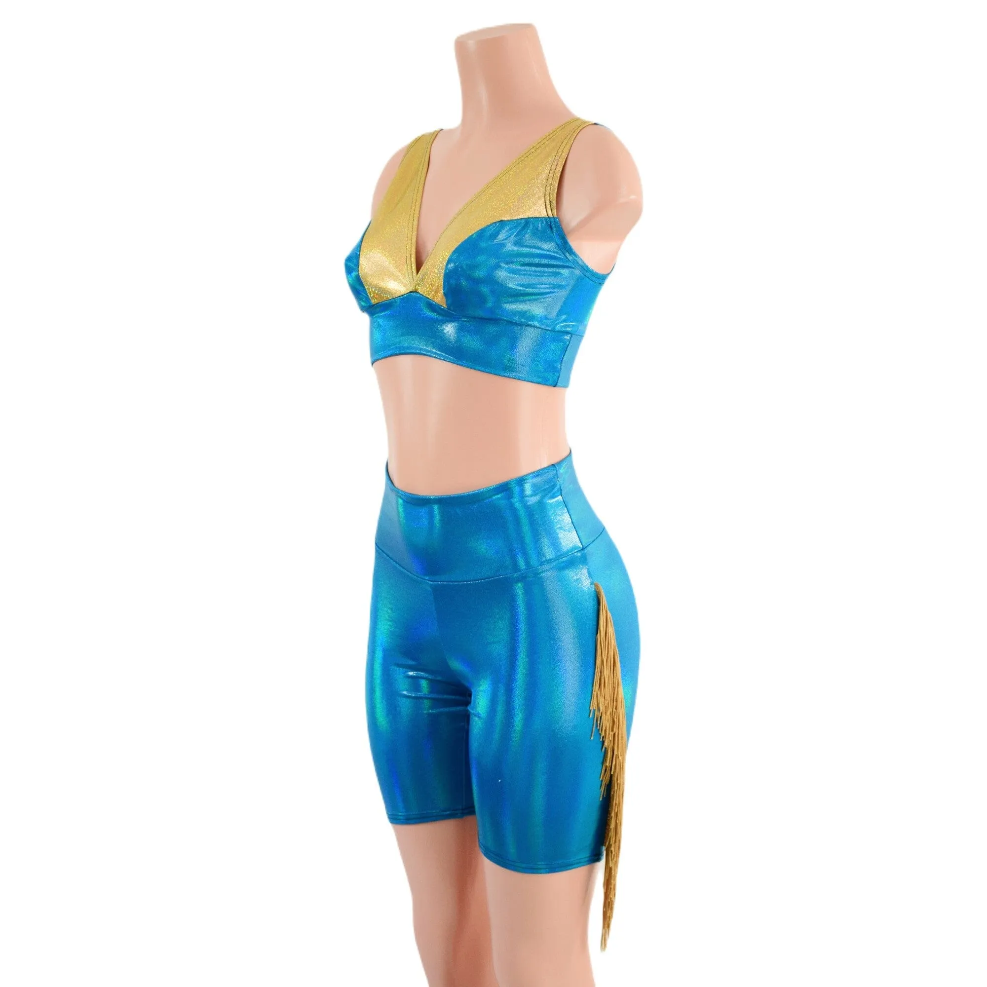 Peacock High Waist Bike Shorts with Gold Fringe and Starlette Bralette 2PC Set