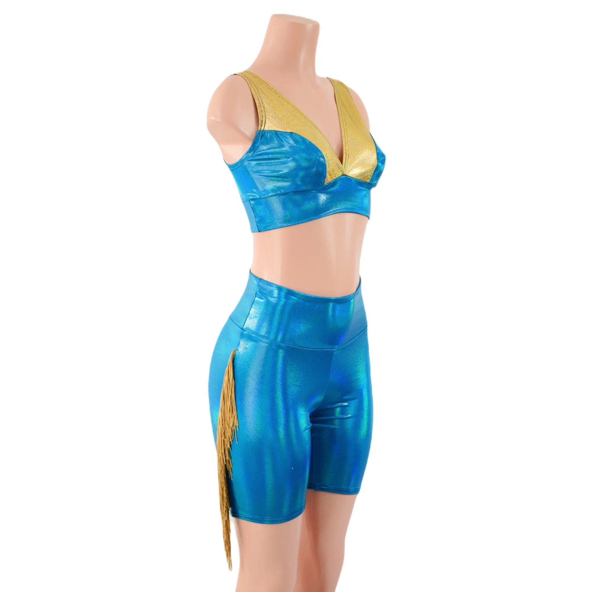 Peacock High Waist Bike Shorts with Gold Fringe and Starlette Bralette 2PC Set