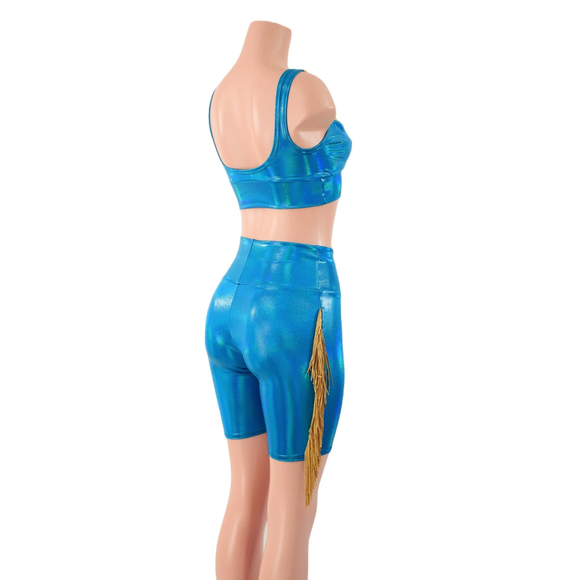 Peacock High Waist Bike Shorts with Gold Fringe and Starlette Bralette 2PC Set