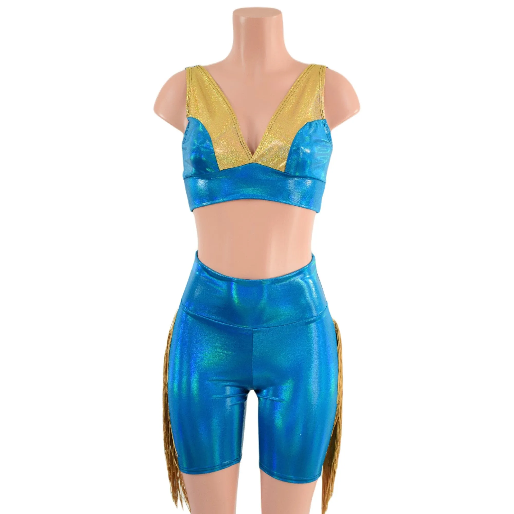 Peacock High Waist Bike Shorts with Gold Fringe and Starlette Bralette 2PC Set