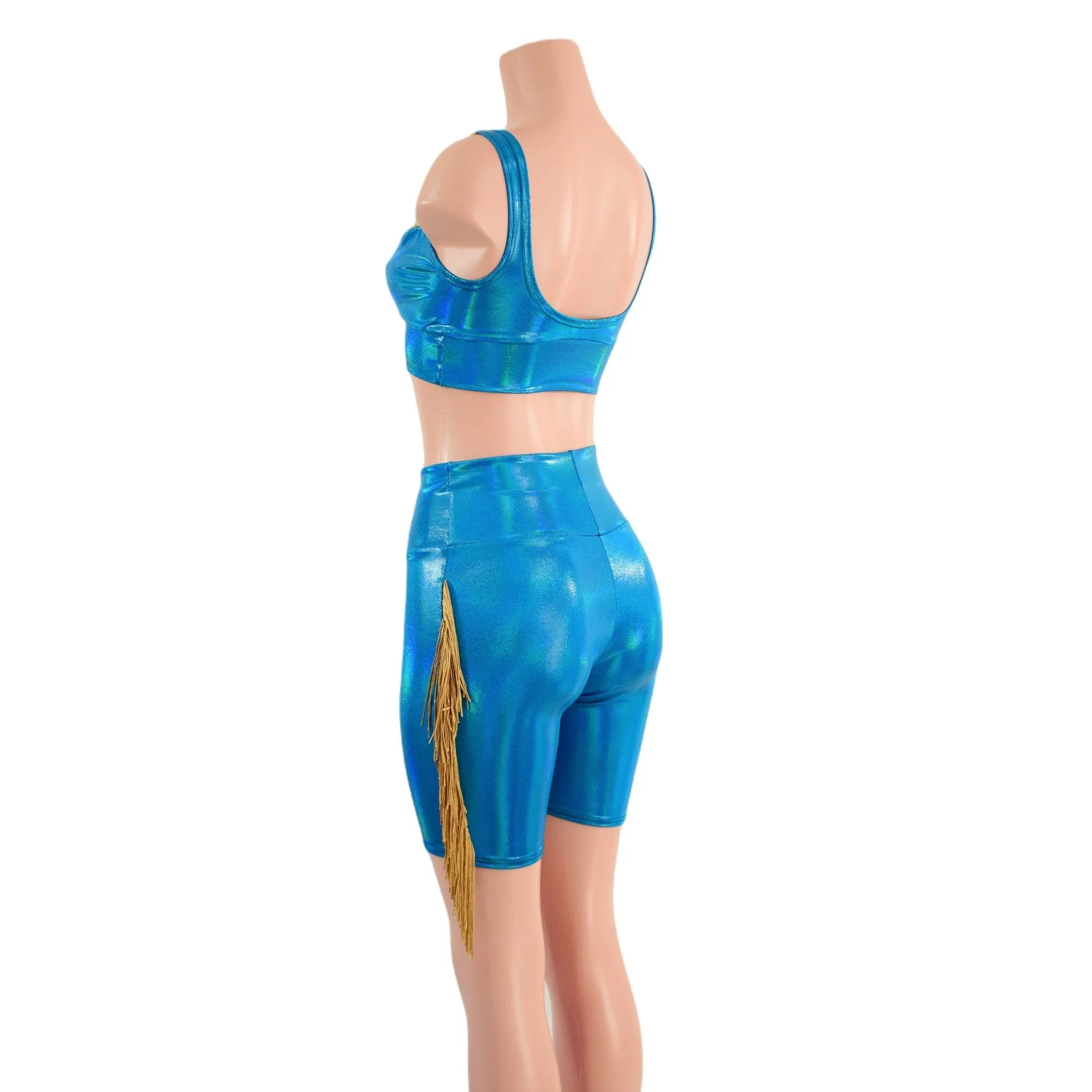 Peacock High Waist Bike Shorts with Gold Fringe and Starlette Bralette 2PC Set