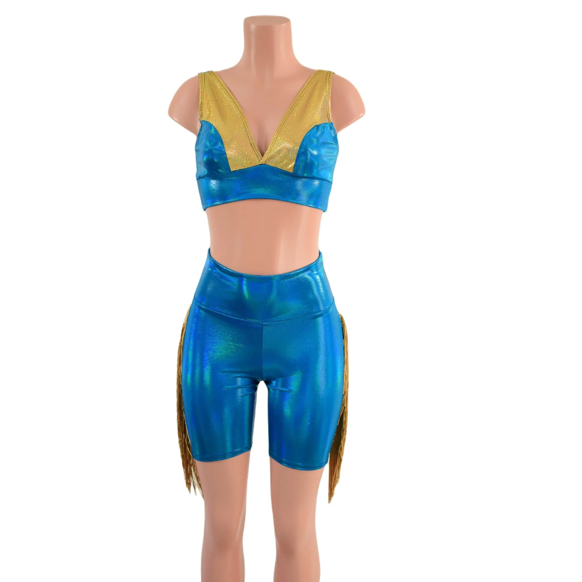 Peacock High Waist Bike Shorts with Gold Fringe and Starlette Bralette 2PC Set