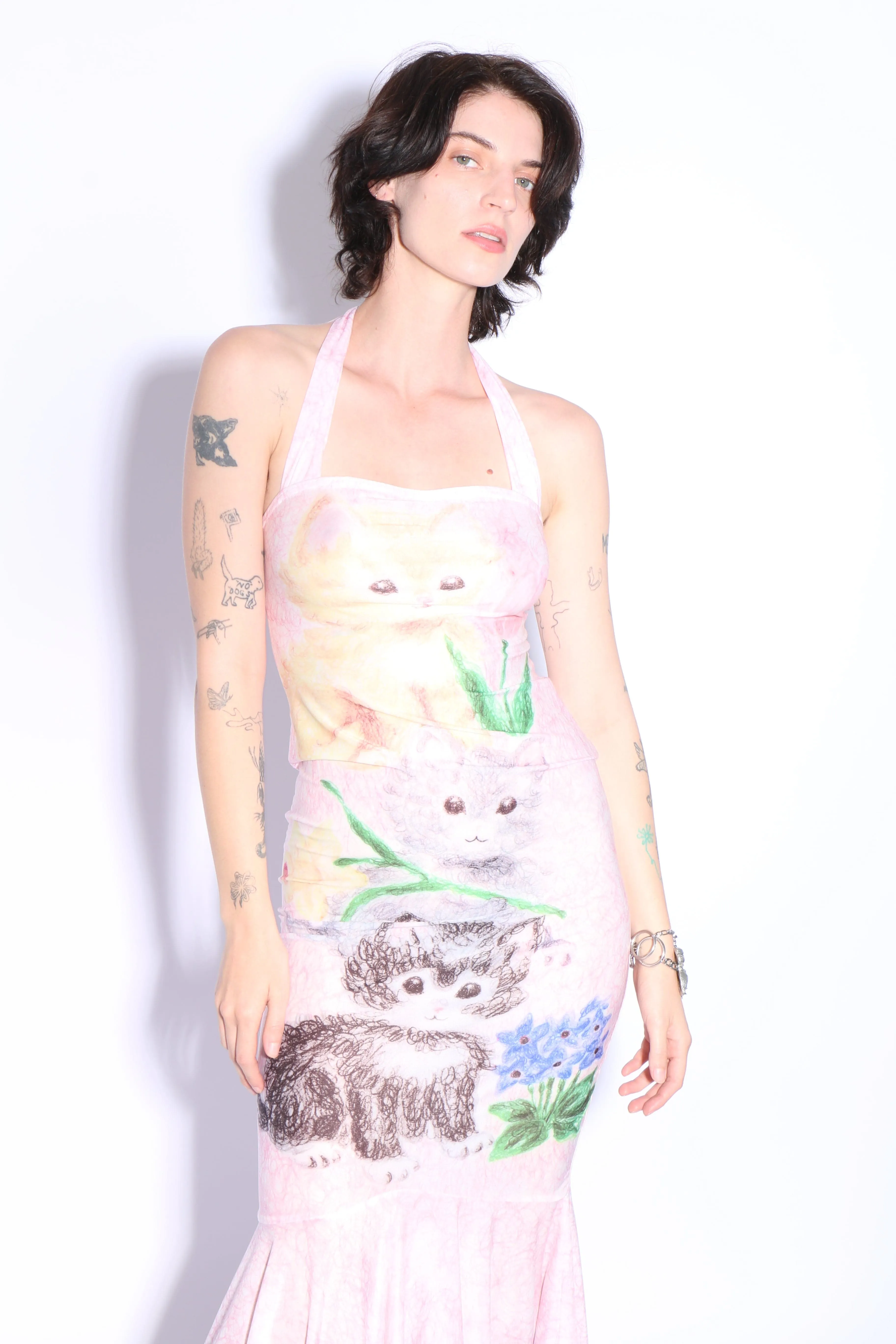 Pink Kitty Printed Halter Dress