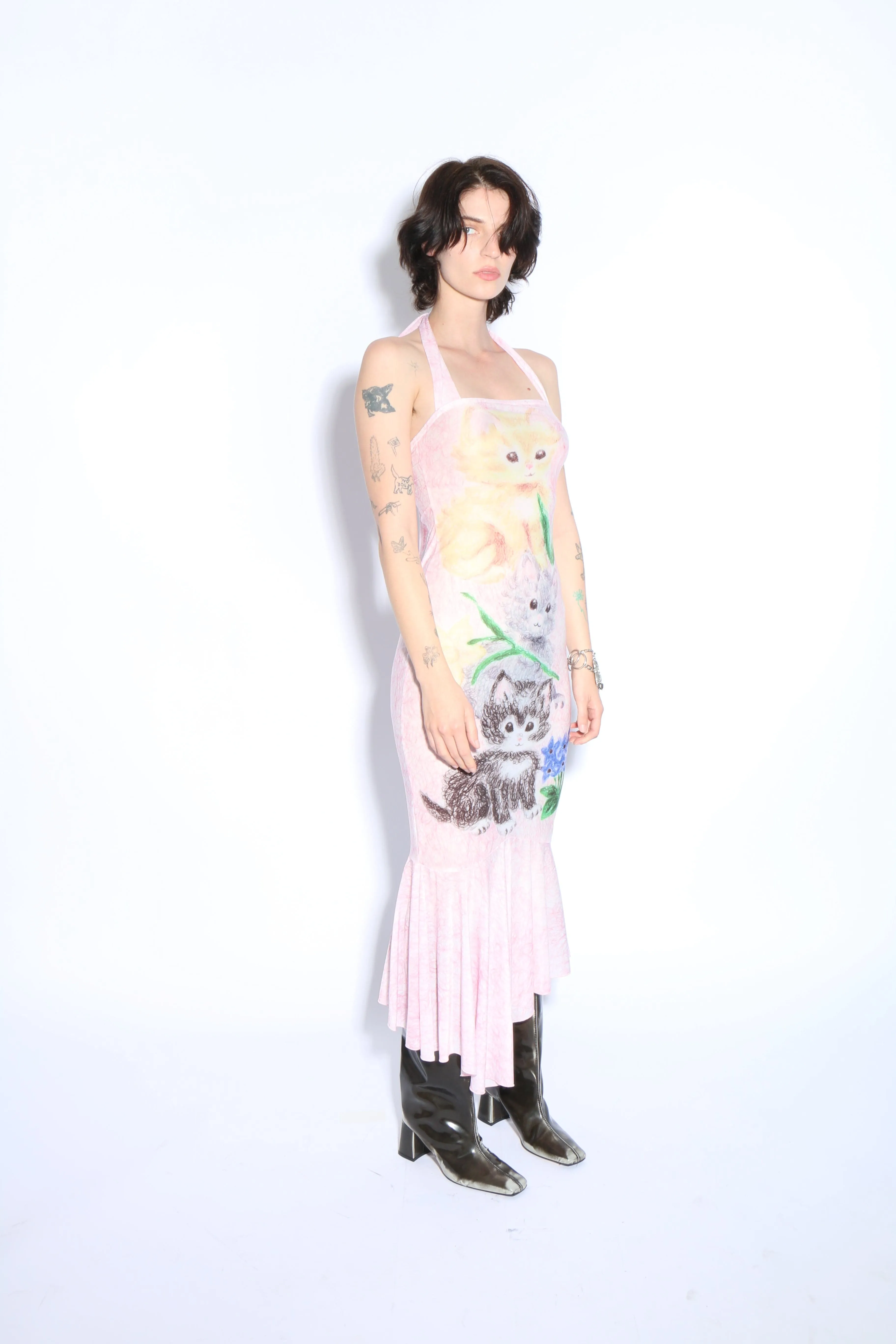 Pink Kitty Printed Halter Dress