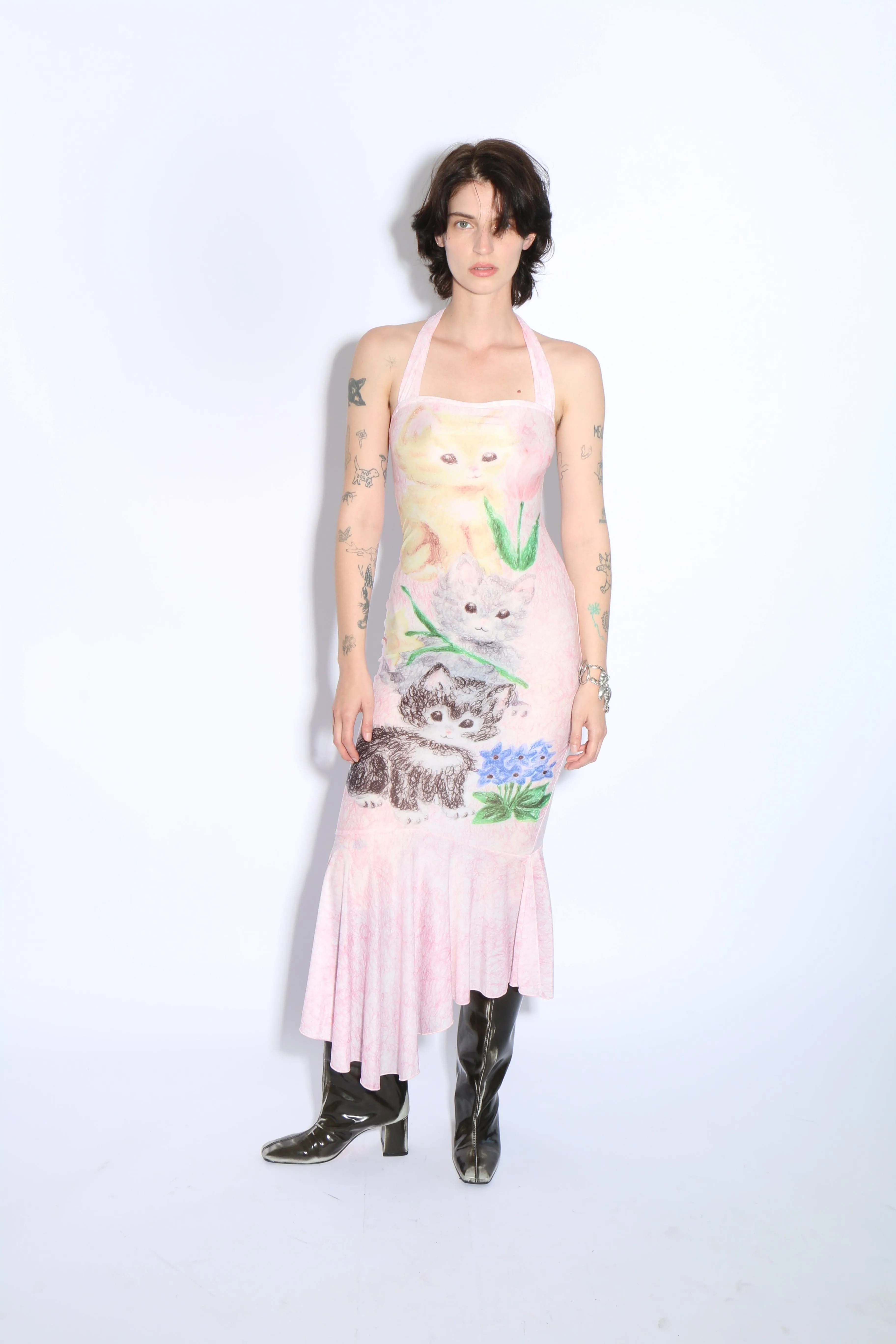 Pink Kitty Printed Halter Dress
