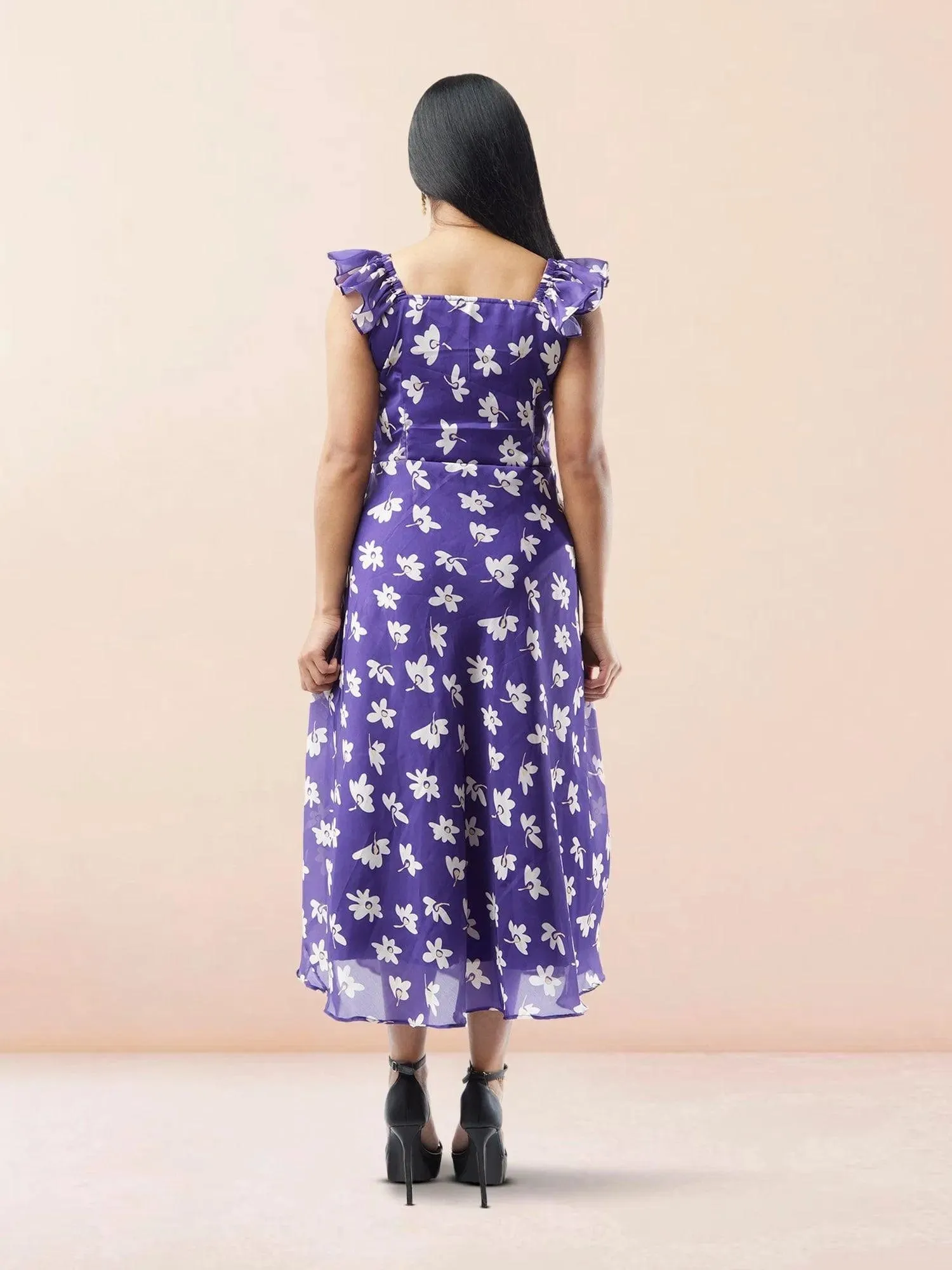 Purple Floral Printed Chiffon Ankle Length Indo Western Dress