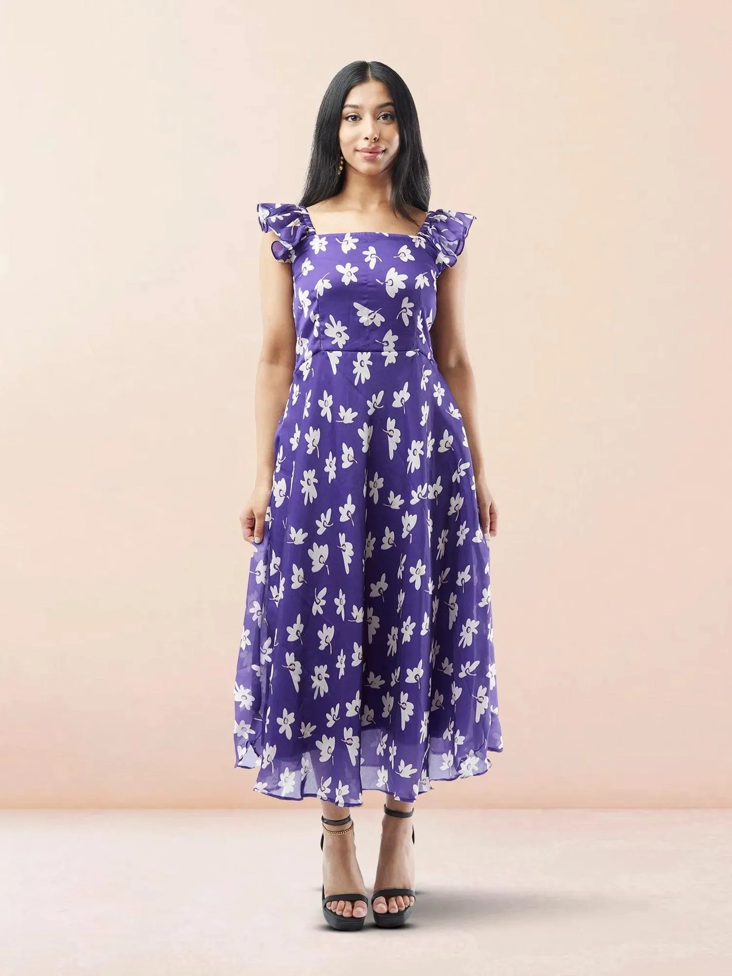 Purple Floral Printed Chiffon Ankle Length Indo Western Dress