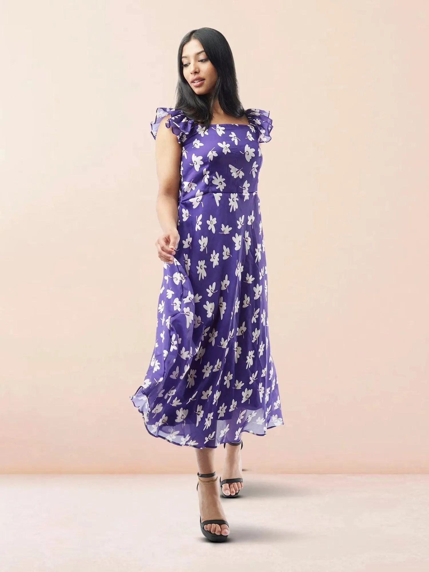 Purple Floral Printed Chiffon Ankle Length Indo Western Dress
