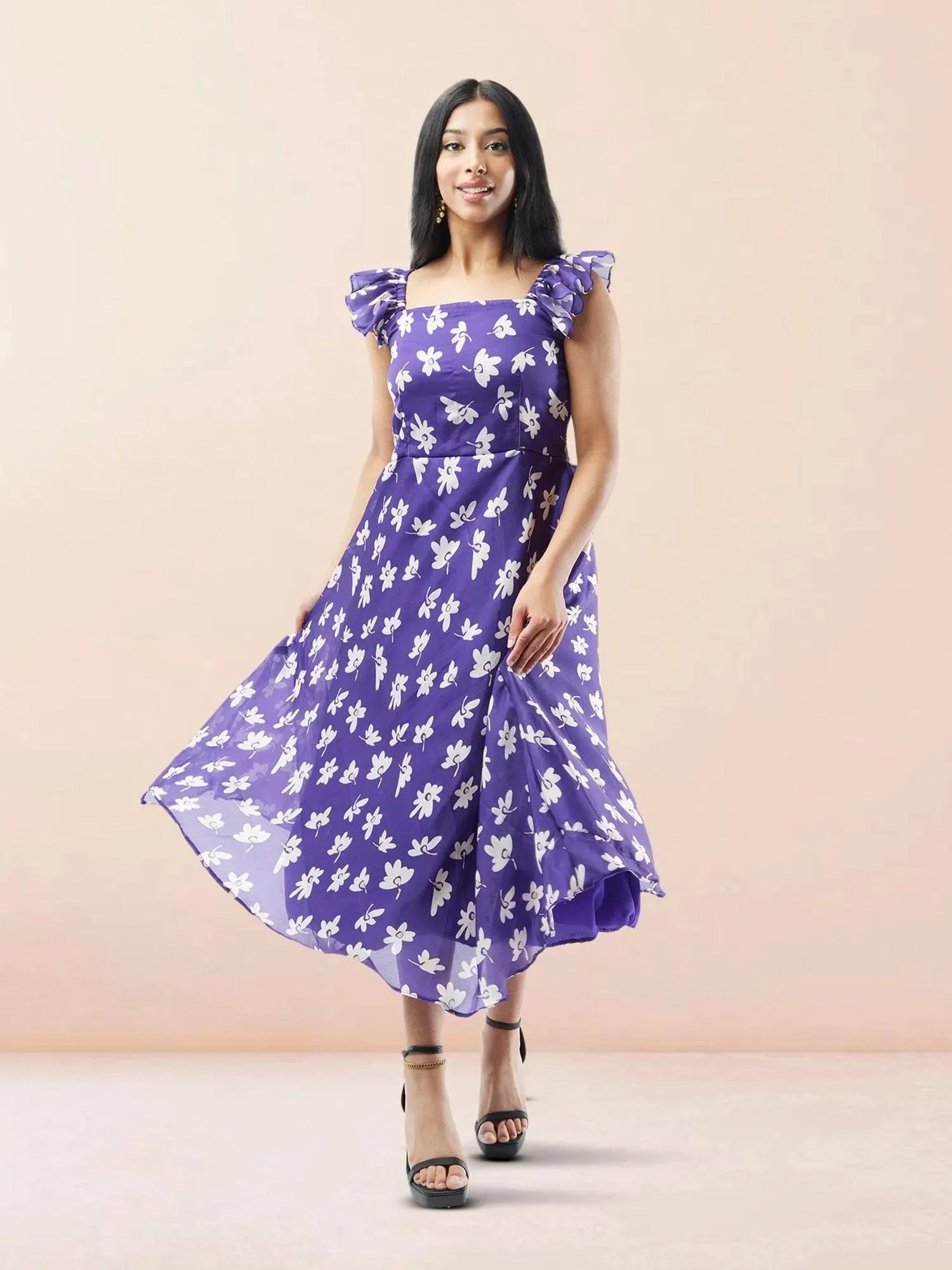 Purple Floral Printed Chiffon Ankle Length Indo Western Dress