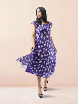 Purple Floral Printed Chiffon Ankle Length Indo Western Dress