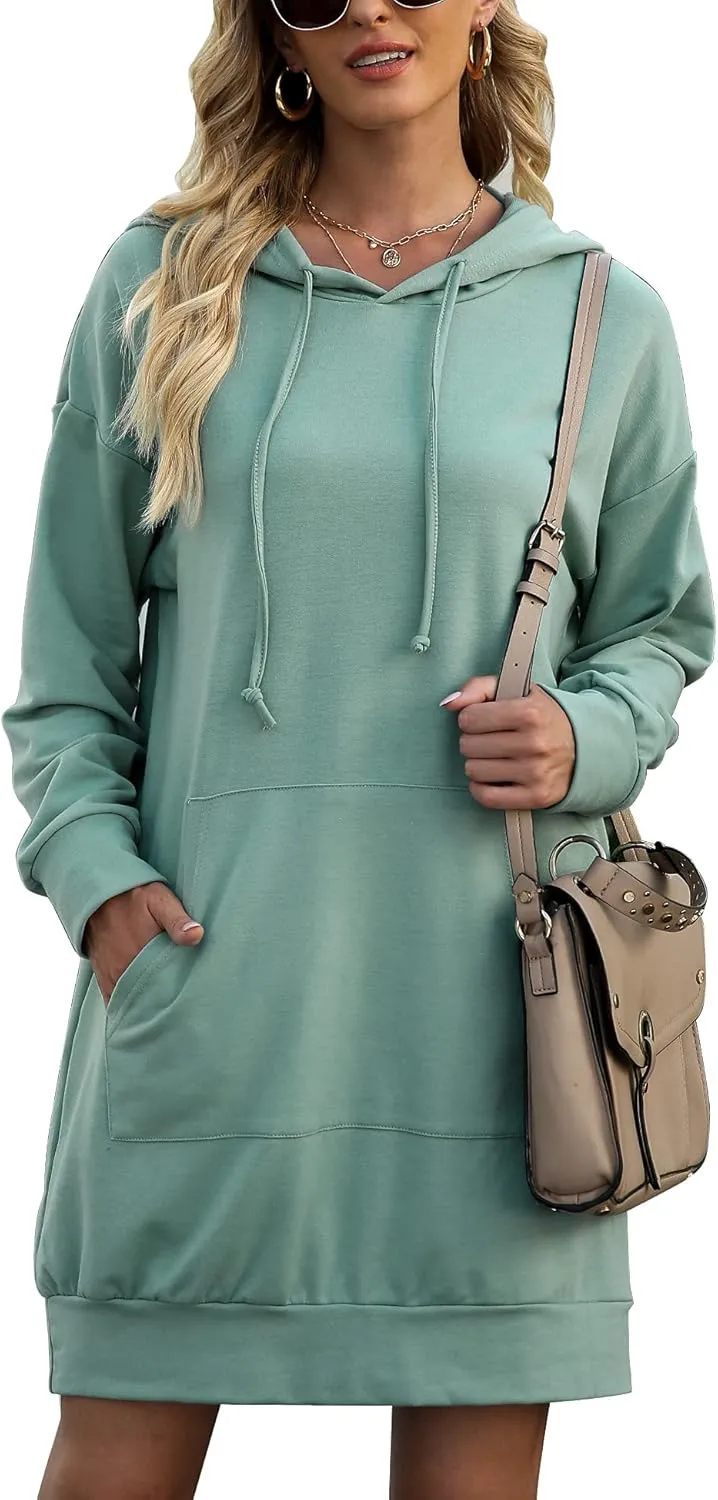 Quenteen Women Hoodies Dress Hooded Sweatshirts Dress Casual Long Sleeve Tunic Dress Oversized Sweatshirts with Pocket
