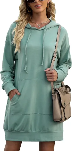 Quenteen Women Hoodies Dress Hooded Sweatshirts Dress Casual Long Sleeve Tunic Dress Oversized Sweatshirts with Pocket