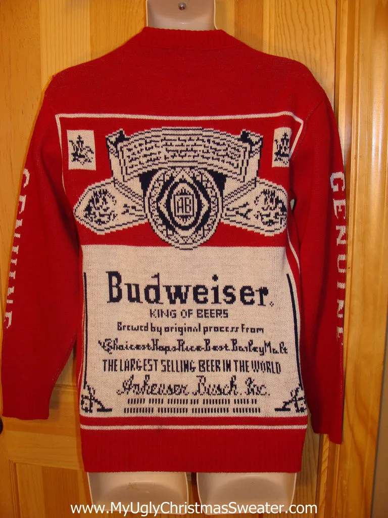Red Ugly Christmas Sweater Party Vintage Budweiser Sweater with 2sided Bud Label Design (v6)