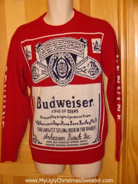 Red Ugly Christmas Sweater Party Vintage Budweiser Sweater with 2sided Bud Label Design (v6)