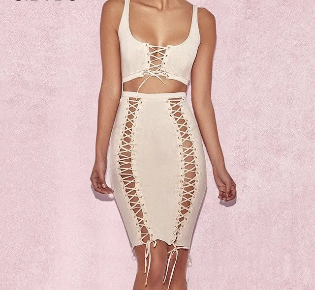Sexy lace up detail 2 piece crop top skirt set