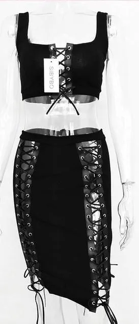 Sexy lace up detail 2 piece crop top skirt set