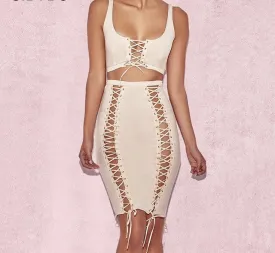 Sexy lace up detail 2 piece crop top skirt set
