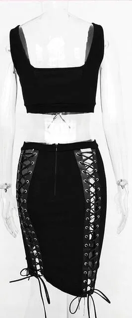 Sexy lace up detail 2 piece crop top skirt set