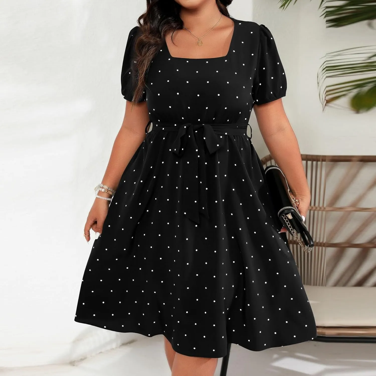 Short Polka Dot Dress for Women 2025 Vintage Square Neck Prom Party Loose Fit Dress with Belt Summer Casual Aline Dress