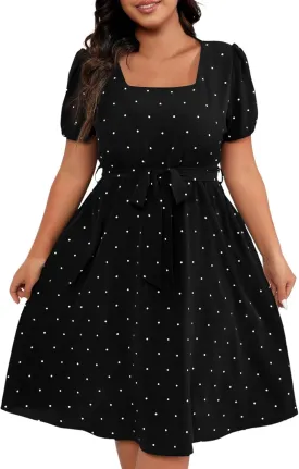 Short Polka Dot Dress for Women 2025 Vintage Square Neck Prom Party Loose Fit Dress with Belt Summer Casual Aline Dress
