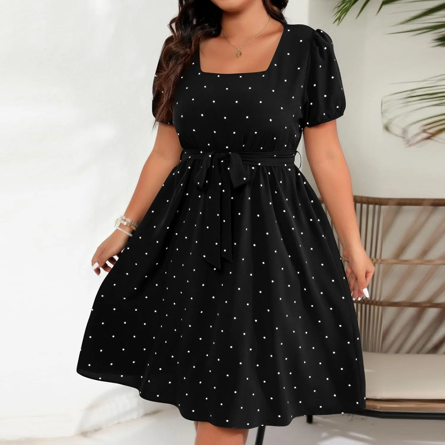 Short Polka Dot Dress for Women 2025 Vintage Square Neck Prom Party Loose Fit Dress with Belt Summer Casual Aline Dress