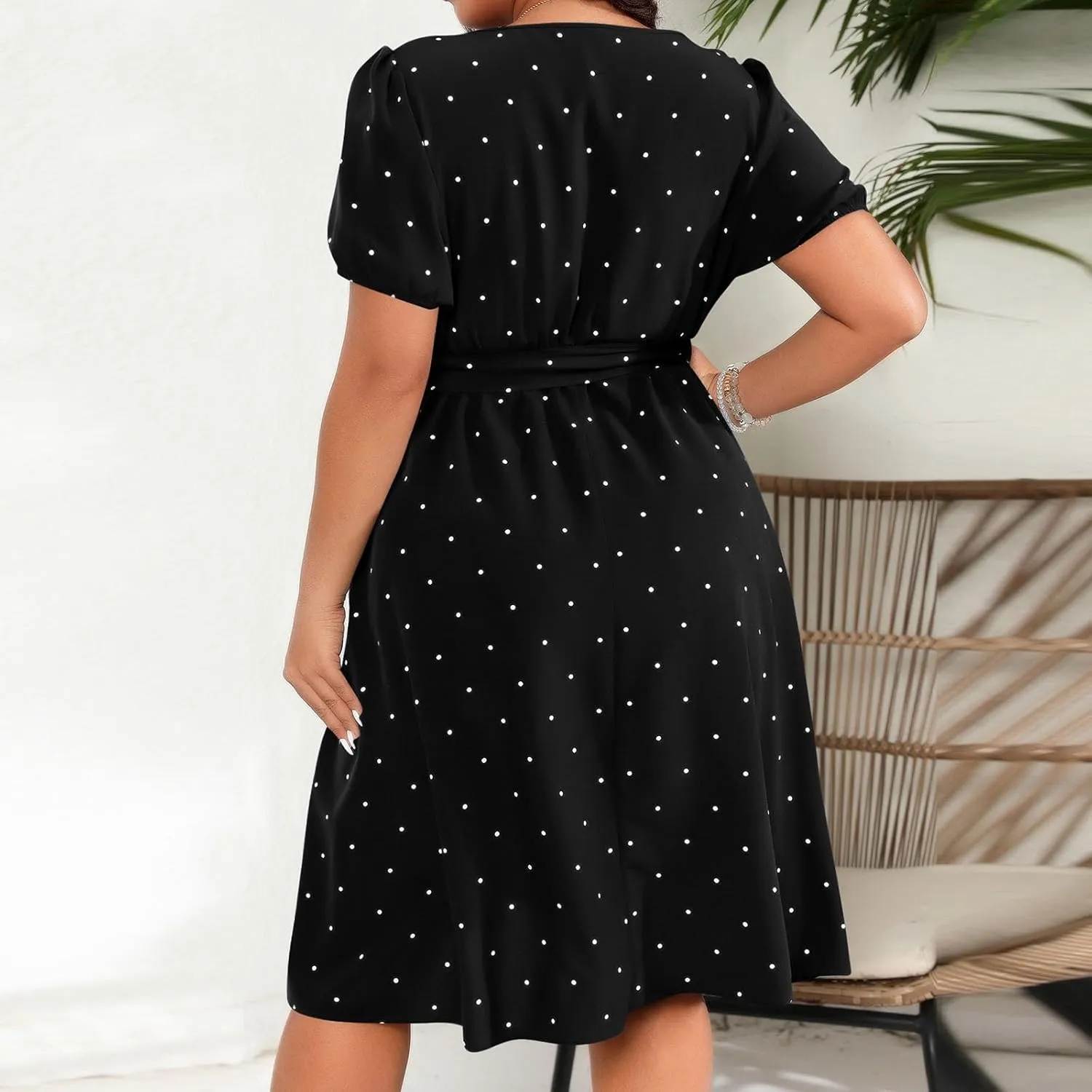 Short Polka Dot Dress for Women 2025 Vintage Square Neck Prom Party Loose Fit Dress with Belt Summer Casual Aline Dress