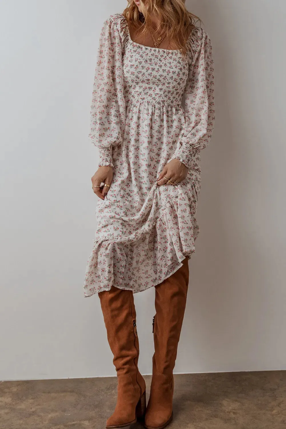 Smocked Floral Square Neck Long Sleeve Midi Dress | Milkmaid Dress | Summer Dress |