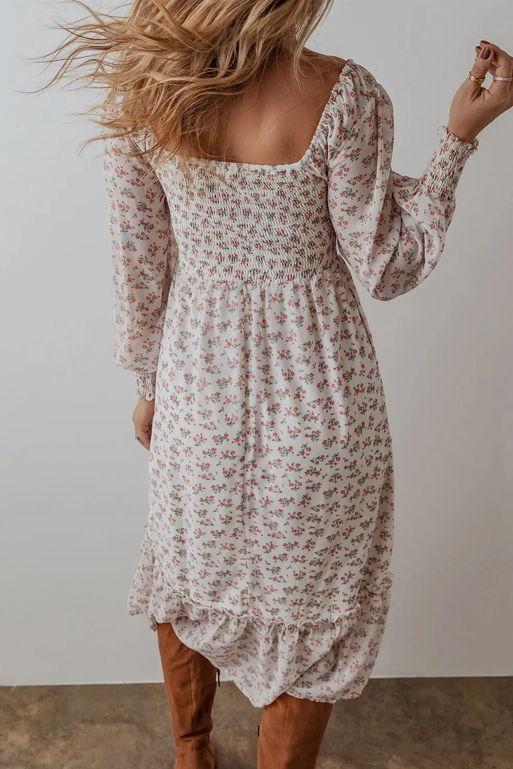 Smocked Floral Square Neck Long Sleeve Midi Dress | Milkmaid Dress | Summer Dress |