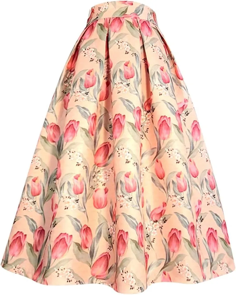 Spring Summer Vintage Women Tulip Floral Print High Waist Pleated Midi Skirt