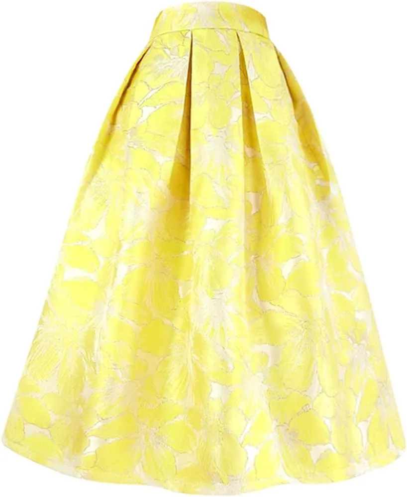 Spring Summer Vintage Women Tulip Floral Print High Waist Pleated Midi Skirt