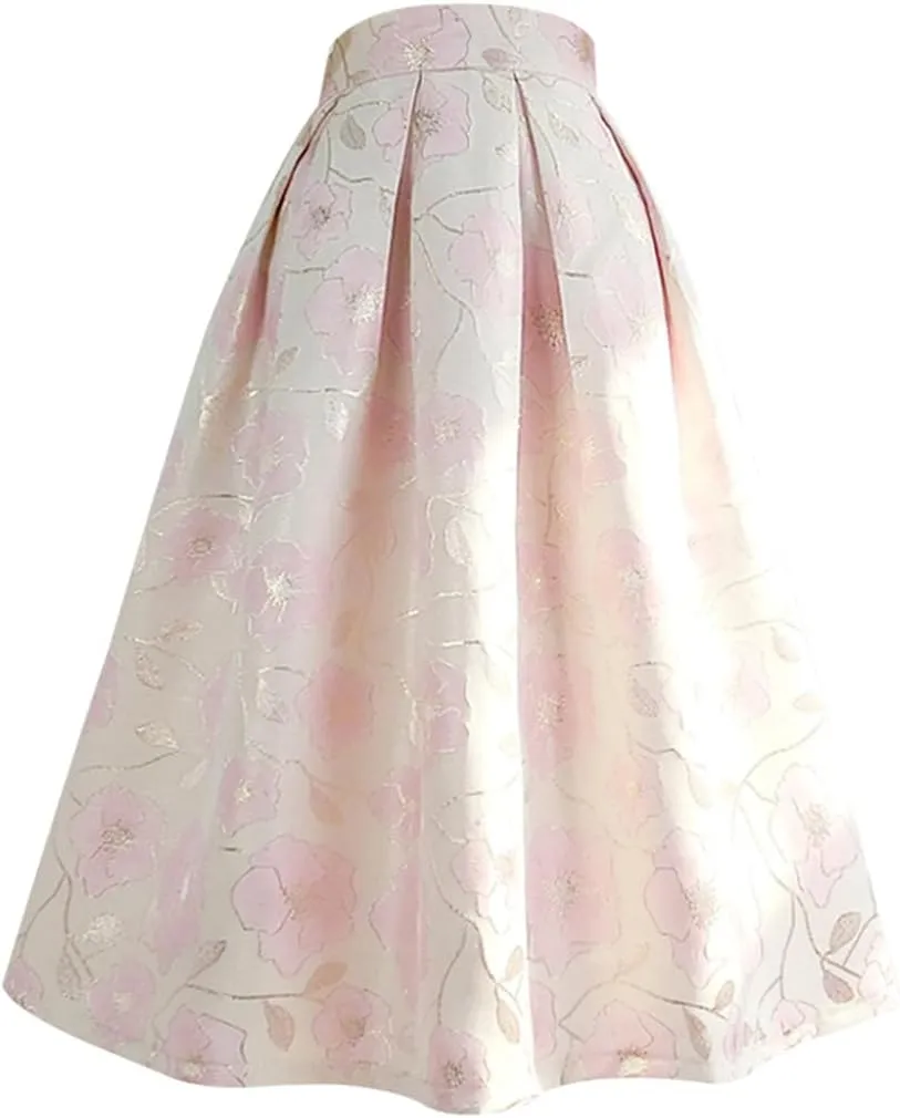 Spring Summer Vintage Women Tulip Floral Print High Waist Pleated Midi Skirt