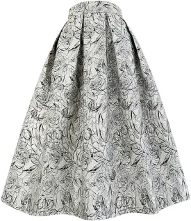 Spring Summer Vintage Women Tulip Floral Print High Waist Pleated Midi Skirt