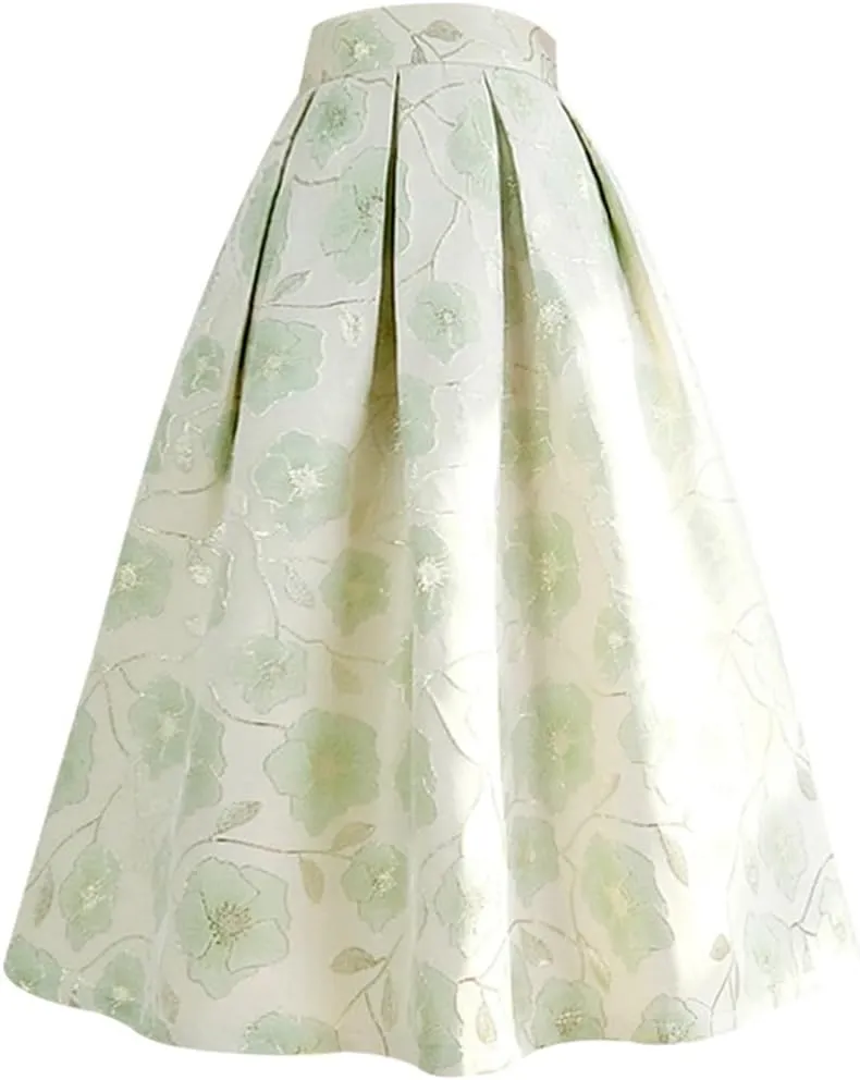 Spring Summer Vintage Women Tulip Floral Print High Waist Pleated Midi Skirt