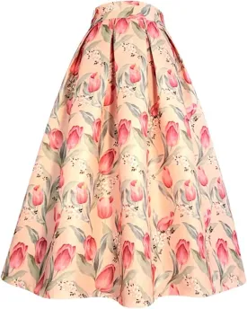 Spring Summer Vintage Women Tulip Floral Print High Waist Pleated Midi Skirt