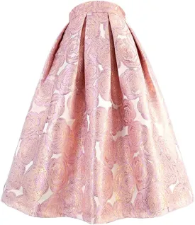 Spring Summer Vintage Women Tulip Floral Print High Waist Pleated Midi Skirt
