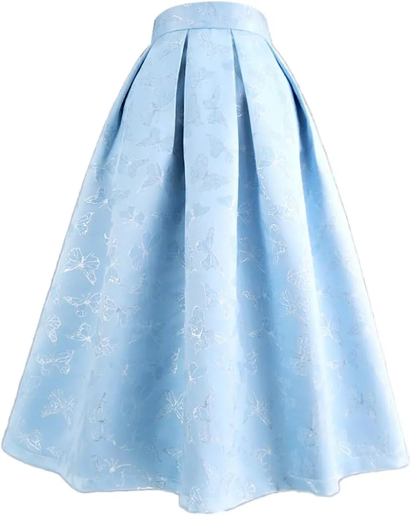 Spring Summer Vintage Women Tulip Floral Print High Waist Pleated Midi Skirt