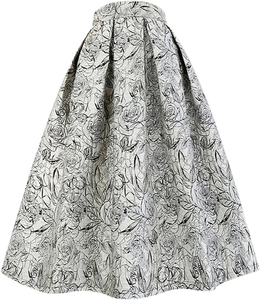 Spring Summer Vintage Women Tulip Floral Print High Waist Pleated Midi Skirt